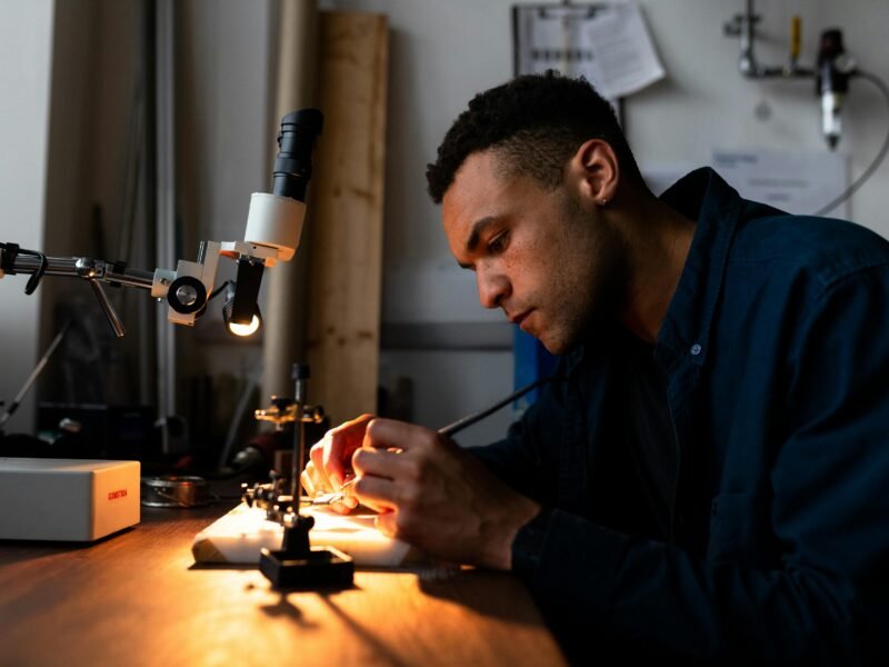 Engineer working with precision tools on electronic components in a well-lit workshop.